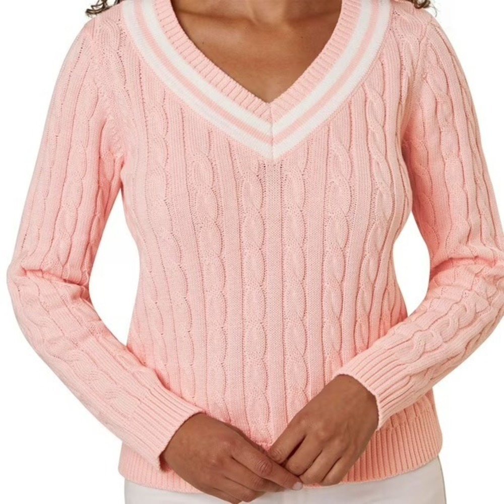 Lands End Cable Knit Sweater Womens M Pink V-Neck Preppy Tennis Country Club